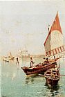 Franz Richard Unterberger Canvas Paintings - Sailboat In A Venetian Lagoon